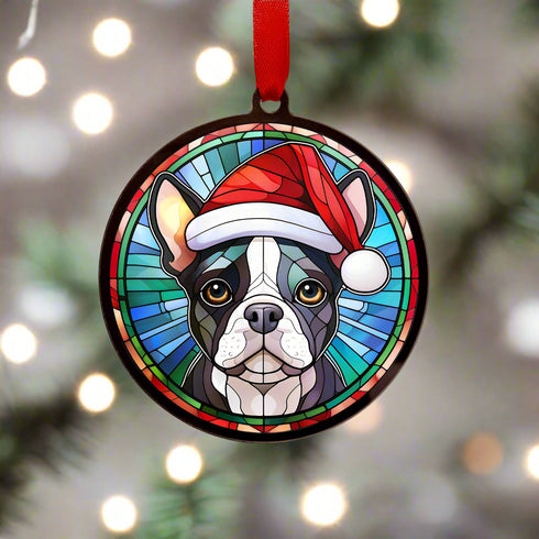 Boston Terrier in Santa Hat Suncatcher Decoration